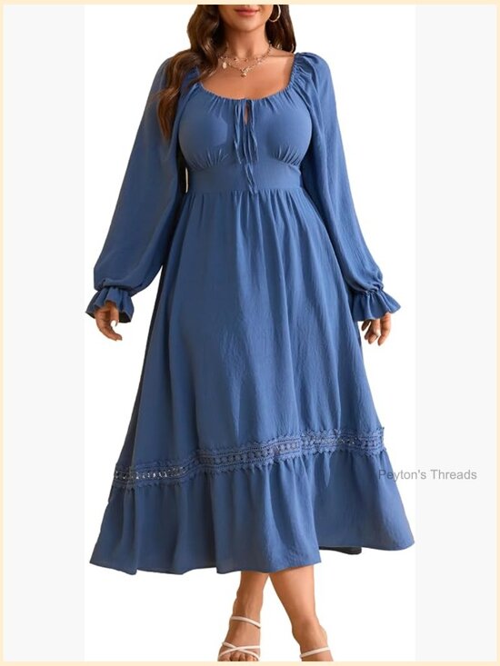 Dresses & Skirts - Plus Size Fall Dress Long Sleeve Square Neck Flowy Lace Trim Flutter Wedding